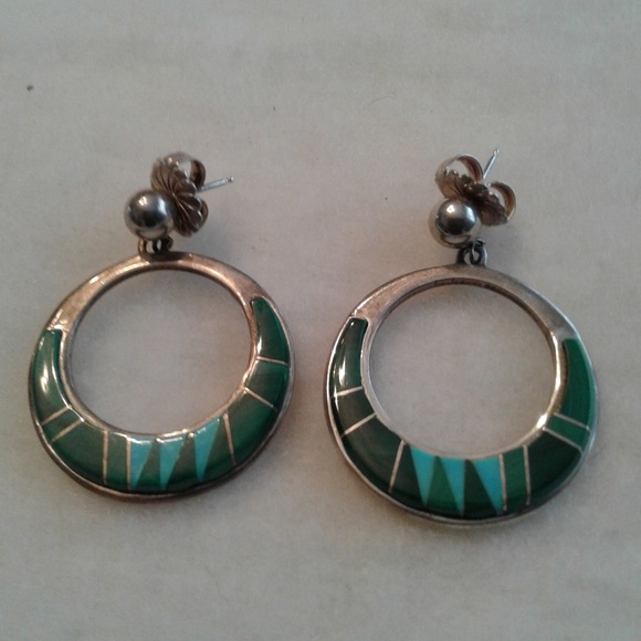 SOLD Native American Turquoise Malachite Earrings - Picture 4 of 8
